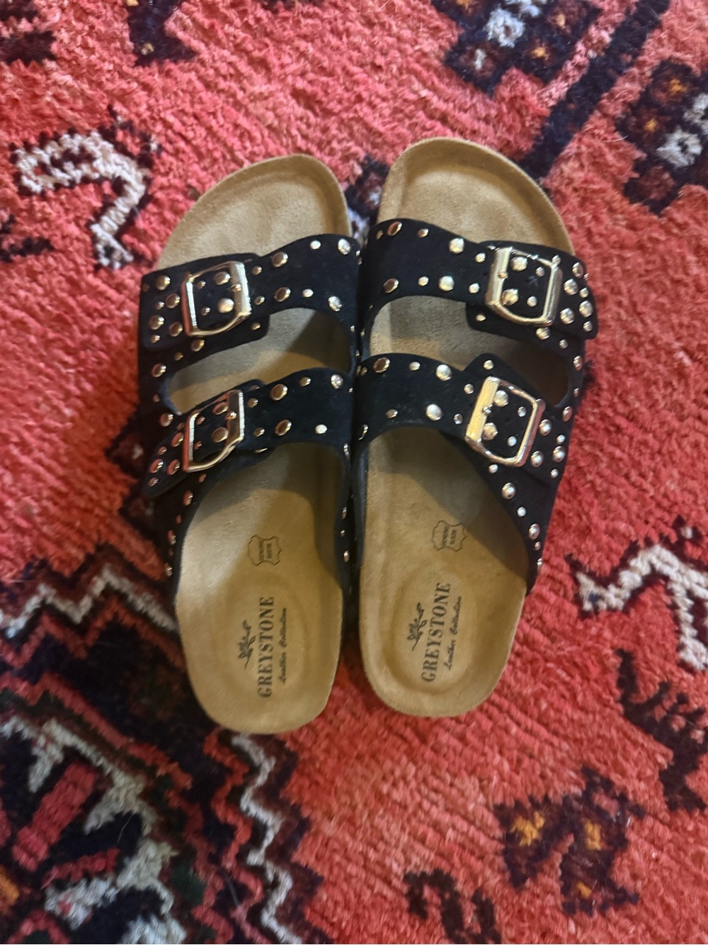 Black Studded Double-Buckle Slide genuine suede Sandals